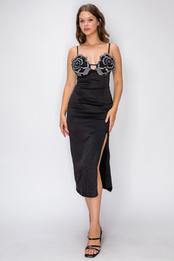 VID54045 / The Vintage Shop<br/>SATIN 3D EMBROIDERED FLORAL BUST SLIT MAXI DRESS