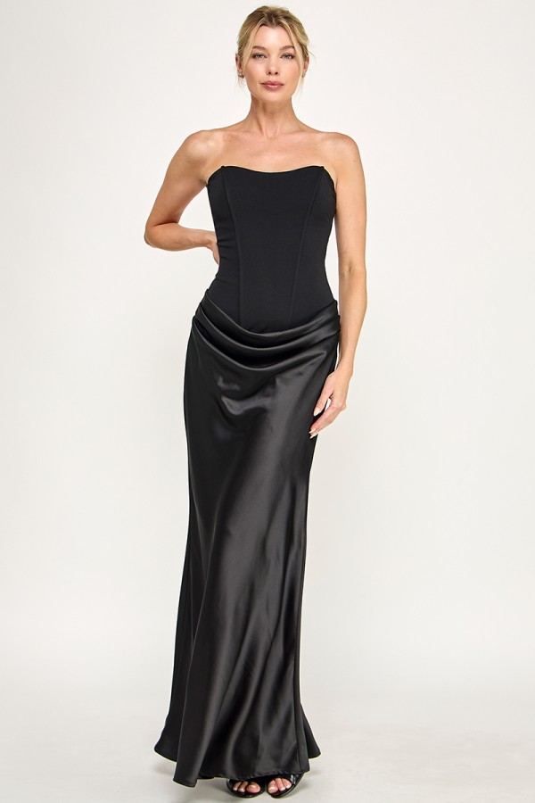 VID54102 / The Vintage Shop<br/>SATIN STRAPLESS SWEETHEART NECKLINE COWL HIP LACE UP MAXI DRESS