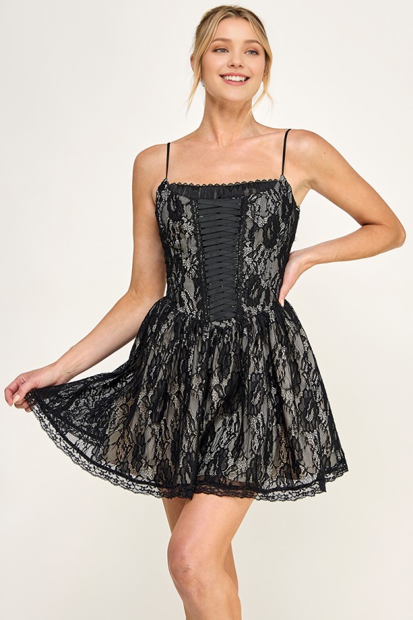 VID54112 / The Vintage Shop<br/>KNIT LACE TRIMMED NECKLINE SPAGHETTI STRAPS LACE-UP RIBBON FLARE MINI DRESS