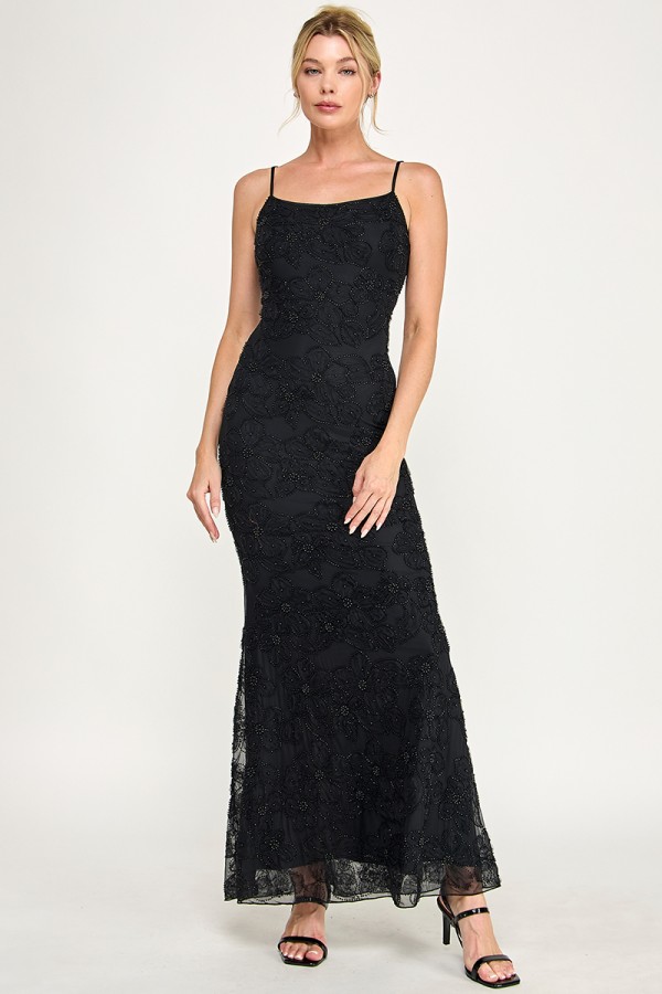 VID54120 / The Vintage Shop<br/>MESH W/ FLOWER EMBROIDERED BEADS PEARL SQUARE NECK SPAGHETTI STRAPS MERMAID MAXI DRESS
