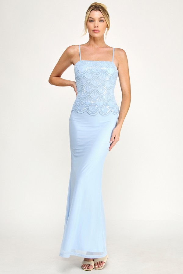 VID54278 / The Vintage Shop<br/>20D MESH STRAIGHT NECKLINE SPAGHETTI STRAP SCALLOPED WAIST MERMAID MAXI DRESS