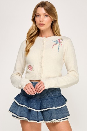 VIJ52541-1 / The Vintage Shop<br/>FLOWER EMBROIDERY SWEATER CARDIGAN