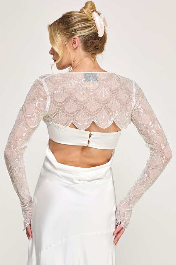 VIJ53831 / The Vintage Shop<br/>MESH W/ BEADS SEQUIN CROPPED SCALLOPED EDGE HEMLINE AND CUFFS LONG SLEEVES BOLERO