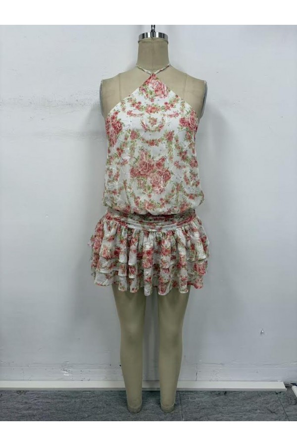 VIR53185-3 / The Vintage Shop<br/>FLORAL HALTER NECKLINE OPEN BACK SMOCKED WAIST FLOUNCY MINI ROMPER