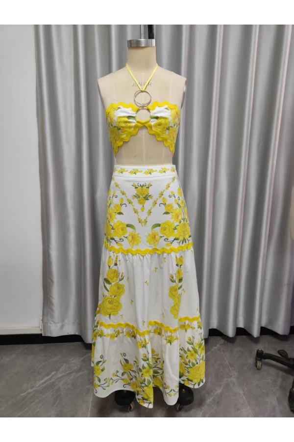 VIST53409-1 / The Vintage Shop<br/>LINEN HALTER NECK SMOCKING TOP WITH MATCHING MAXI SKIRT