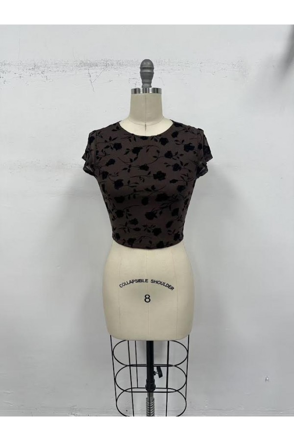 VIT51269-1 / The Vintage Shop<br/>MESH ROUND NECK SHORT SLEEVE CROP TOP