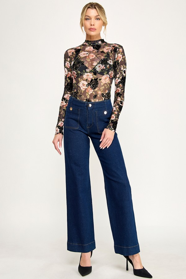 VIT52109-17 / The Vintage Shop<br/>MESH FLOCKING W/ GLITTER HIGH MOCK NECK LONG SLEEVES FLORAL PRINT BODYSUIT