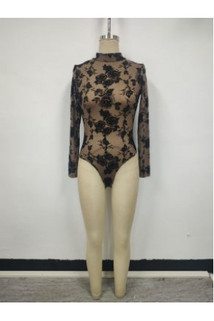 VIT52109-4 / The Vintage Shop<br/>FLOWER DOT FLOCKING MESH LONG SLEEVE BODYSUIT