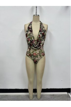 VIT52975 / The Vintage Shop<br/>PRINT MESH BODY SUIT COWL NECK TOP