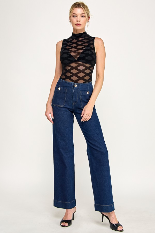 VIT9295 / The Vintage Shop<br/>SHEER MESH MOCK NECK SLEEVELESS BODYSUIT