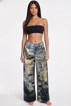 25KB7763 / Charming Bunny<br/>Ace Destroyed Printed Denim Pants