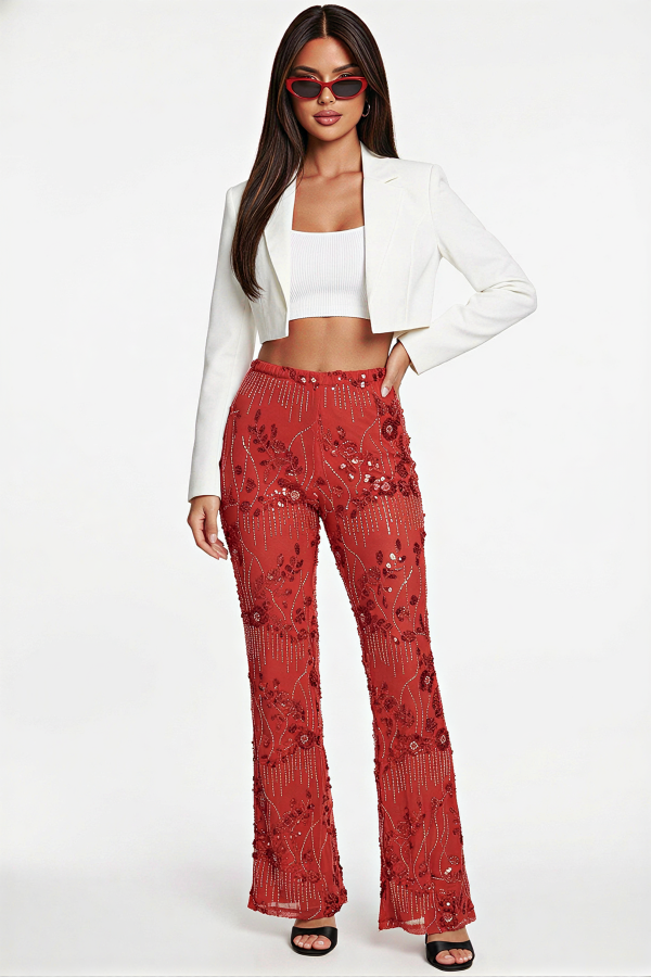 25KB8374-PANTS / Charming Bunny<br/>Floral Embroidery Beadwork Flare Pants