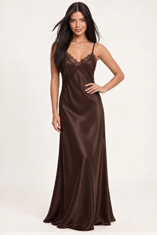 KD3522 / Charming Bunny<br/>Lace Trim V Neck Satin Maxi Dress