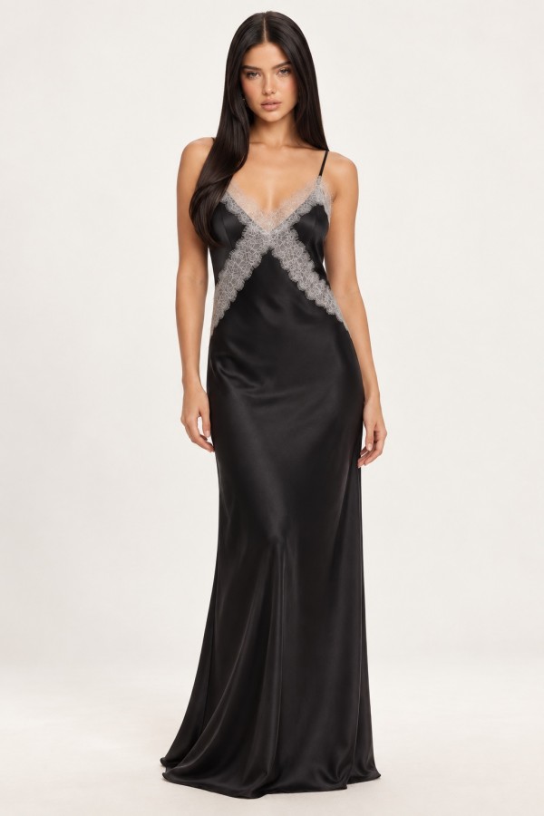 KD3530 / Charming Bunny<br/>Contrast Lace Panel Satin Maxi Dress