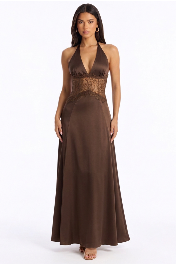 KD3538 / Charming Bunny<br/>Square Neck Lace Bodice Satin Maxi Dress