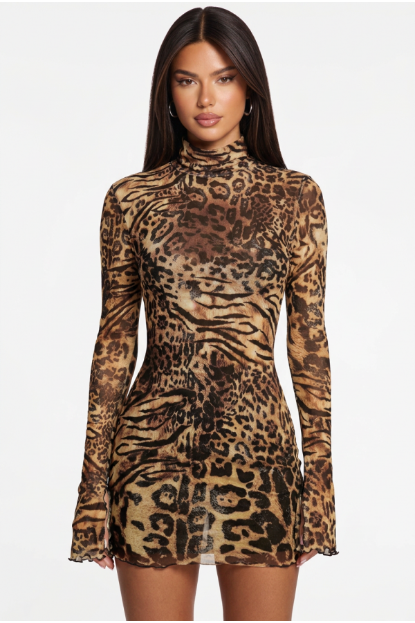 KDR0123 / Charming Bunny<br/>Mesh Leopard Mock Neck Mini Dress