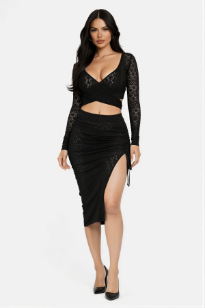 KS22774 / Charming Bunny<br/>Crop Top and Ruched Midi Skirt Set with a Geometric Lace
