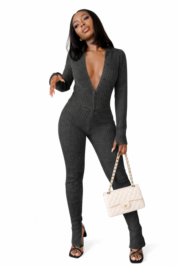 L6241 / Charming Bunny<br/>Ribbed Long Sleeve Low Cut Casual Jumpsuit
