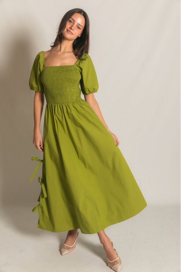 D30610 / Before You<br/>Side Slit Tie Detail Smocked Maxi Dress