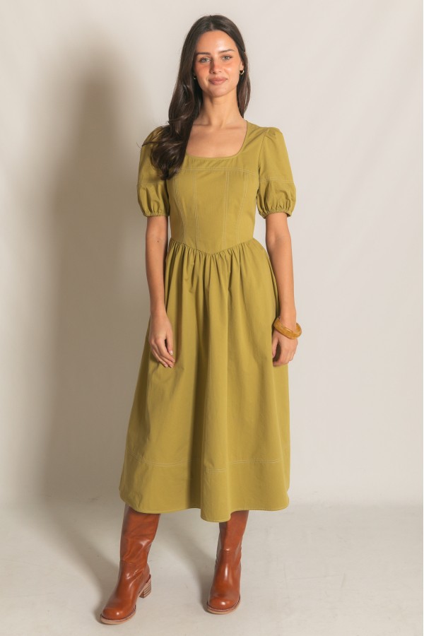 D30611 / Before You<br/>Cotton Twill Contrast Stitch Midi Dress