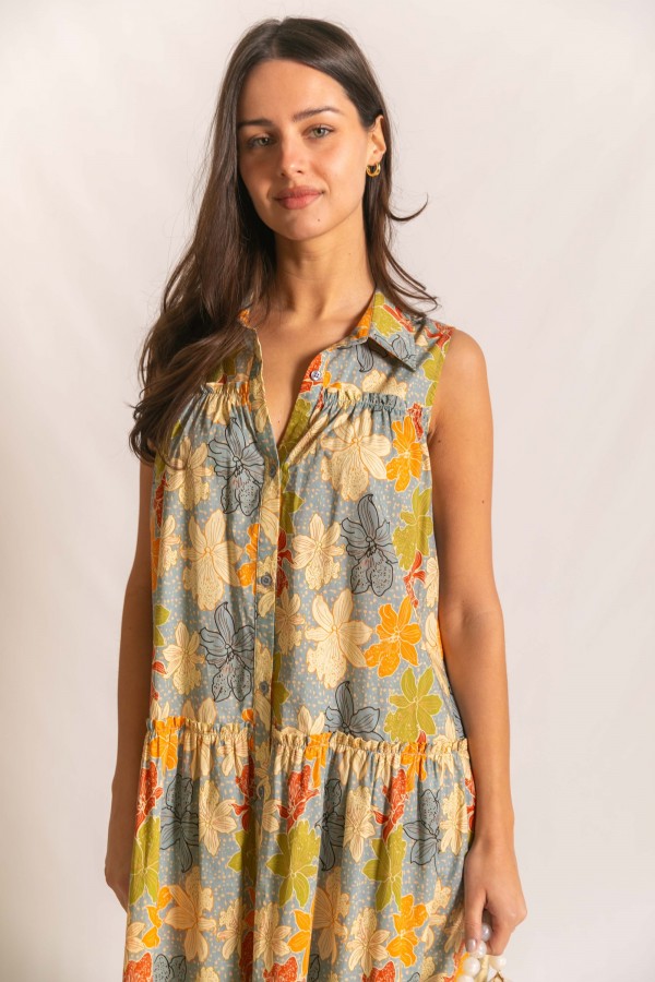 D30620 / Before You<br/>Print Poplin Sleeveless Midi Shirt Dress