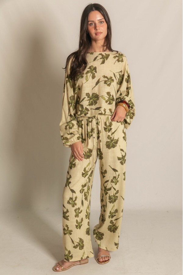 PT11158 / Before You<br/>P.CILL Print Linen Balloon Sleeve Elastic Waist Top