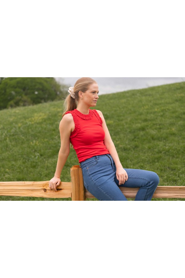T10995-B / Before You<br/>Ruffle Poplin Contrast Ribbed Sleeveless Top
