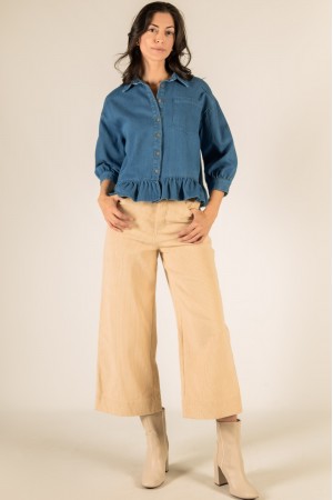 T11083 / Before You<br/>Preorder 9/20/25 - 3/4 Sleeve Bottom Ruffle Button Up Shirt Top