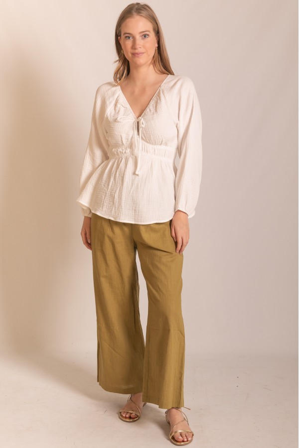 T11114 / Before You<br/>Gauze Drawstring Tunnel Neckline Bubble Sleeve Top