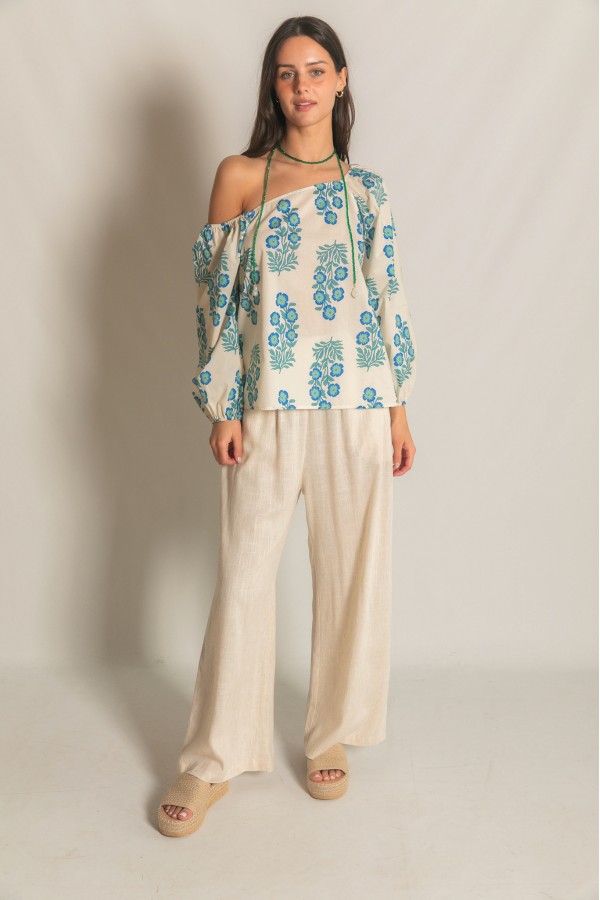 T11126 / Before You<br/>Print Poplin Asymmetrical Shoulder Puff Sleeve Top