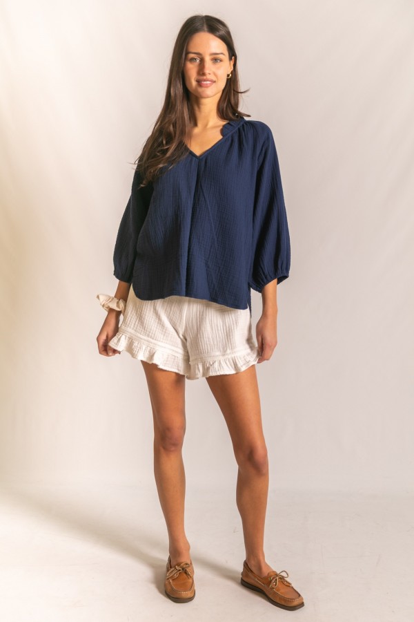 T11137 / Before You<br/>3-Ply Cotton Gauze Ruffled Neck 3/4 Sleeve Top