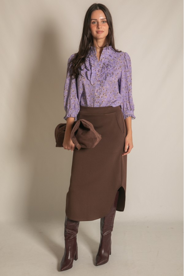 T11149 / Before You<br/>Print Ruffle Front Blouse