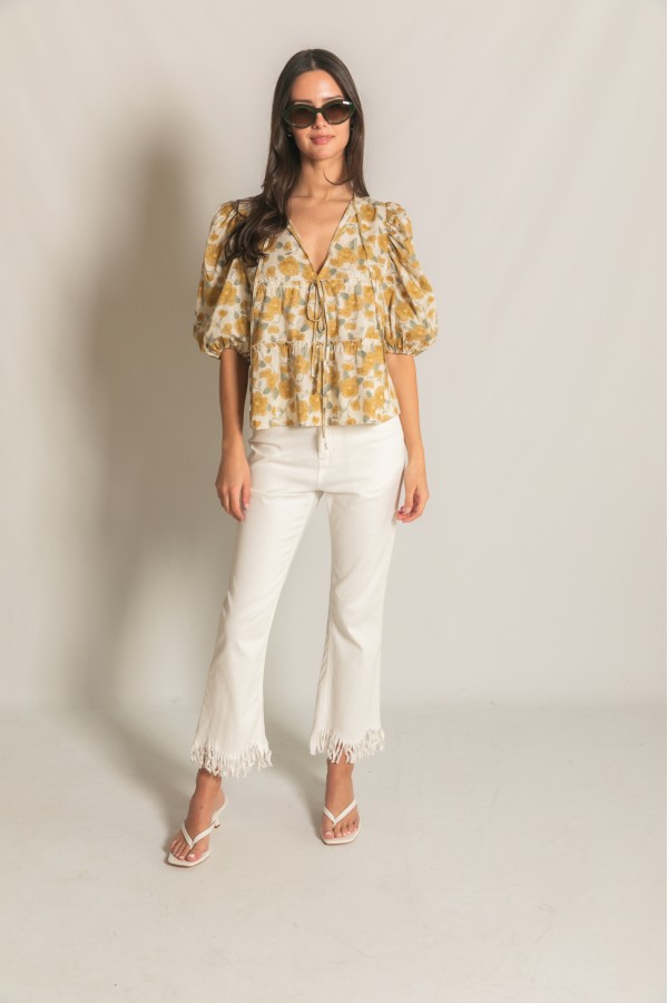 T11154 / Before You<br/>Print Poplin Ribbon Tie Front Puff Sleeves Top