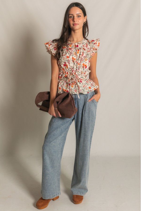 T11162 / Before You<br/>Print Flutter Sleeve Blouse