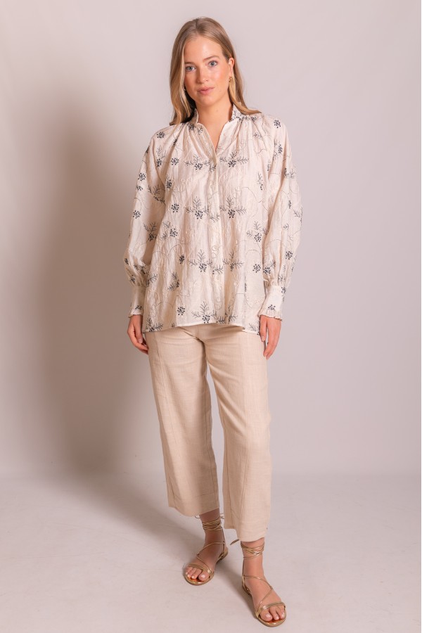 T11179 / Before You<br/>Floral Embroidered Ruffled Neckline and Cuff Detail Button Up Shirt