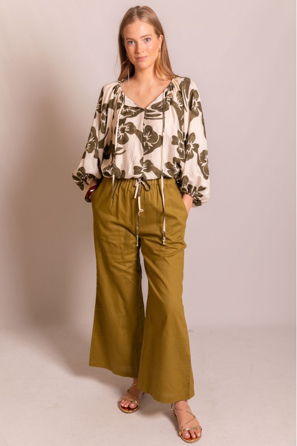 T11180 / Before You<br/>2-Tone Print Billowy Sleeve Boho Top