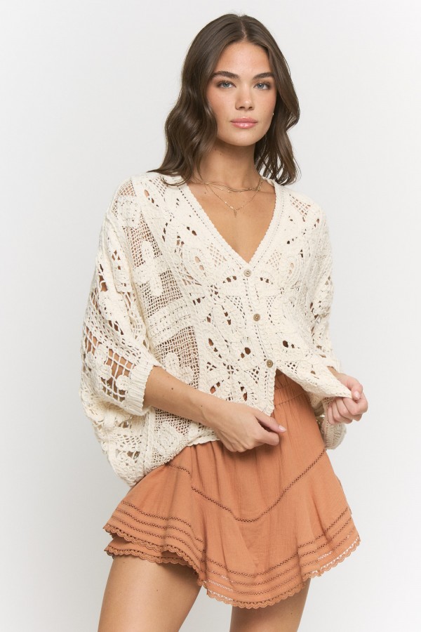 CRT8317 / Jade By Jane<br/>BOHO CROCHET KNIT CARDIGAN