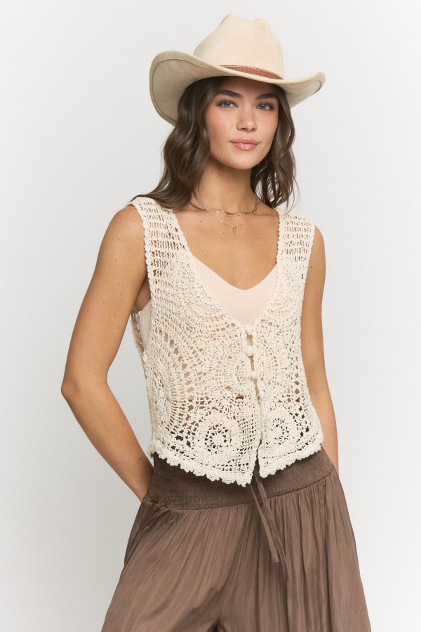 CRT8322 / Jade By Jane<br/>HAND CROCHET POM BUTTON VEST TOP