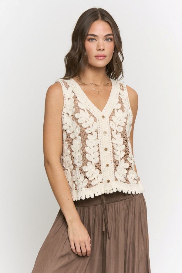CRT8323 / Jade By Jane<br/>FLORAL CROCHET BUTTON FRONT VEST TOP