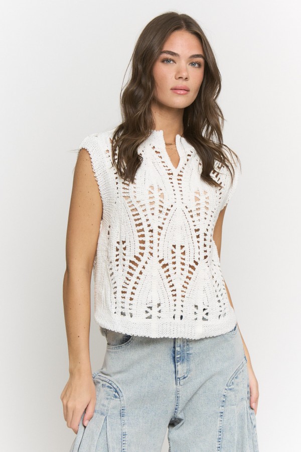 CRT8324 / Jade By Jane<br/>CROCHET NOTCH NECK KNIT TOP