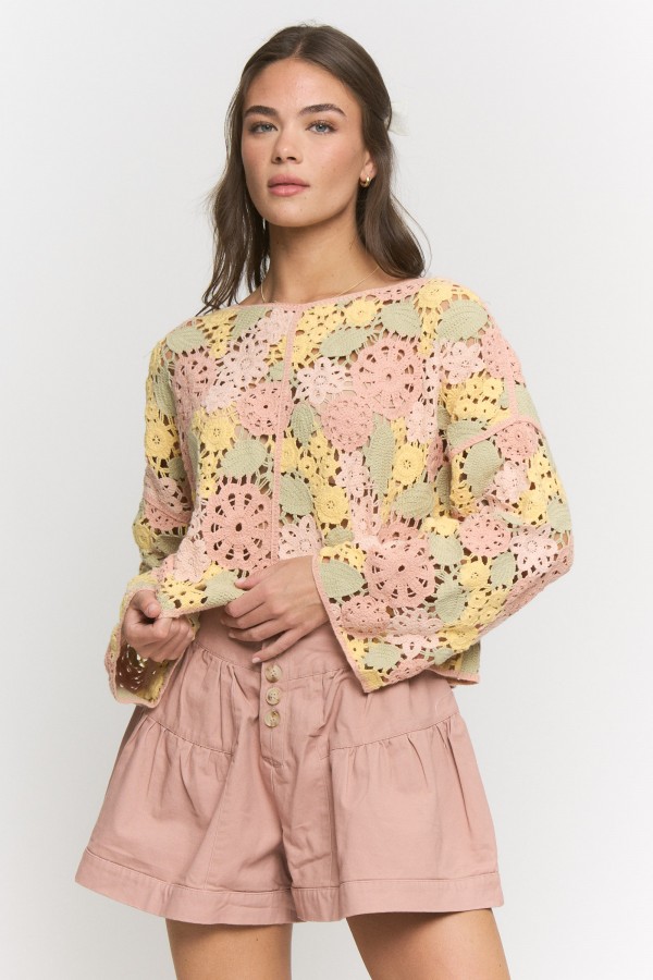 CRT8329 / Jade By Jane<br/>MULTI FLORAL CROCHET CROPPED TOP