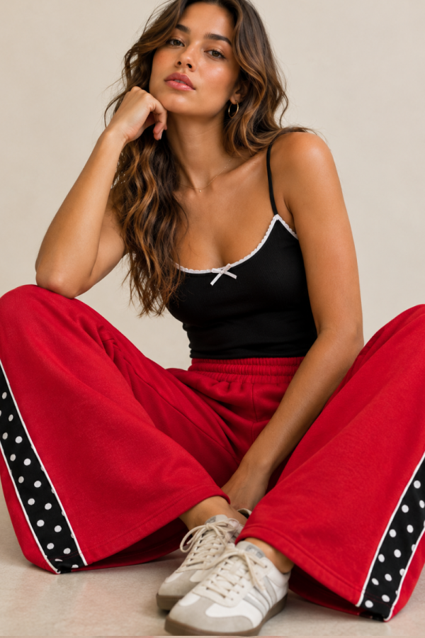 JJB8343 / Jade By Jane<br/>POLKA DOT SIDE STRIPE WIDE LEG SWEATPANTS