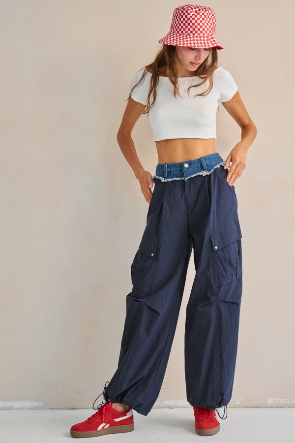 JJB8492P / Jade By Jane<br/>PLUS SIZE DENIM WAISTBAND NYLON CARGO PANTS