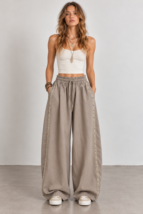 JJB8561P / Jade By Jane<br/>STUDDED TRIM BALLOON WIDE-LEG PANTS