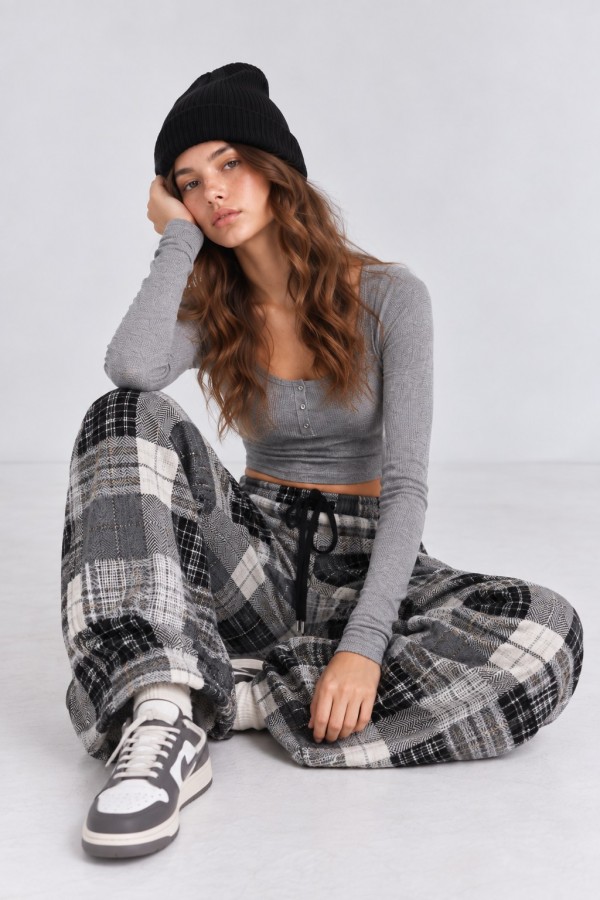 JJB8613P / Jade By Jane<br/>MIXED PLAID PATCH WORK WIDE LEG PANTS
