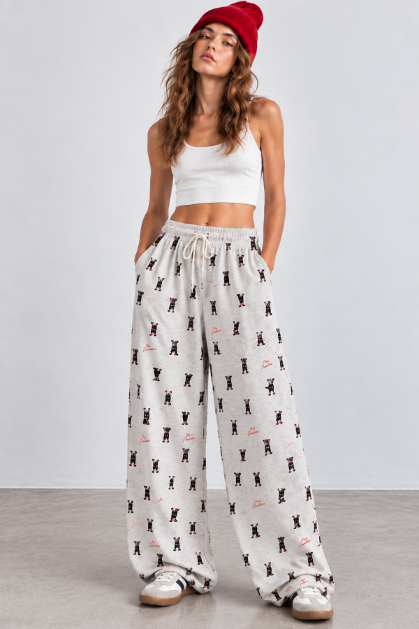 JJB8614 / Jade By Jane<br/>DOG PRINT DRAWSTRING WIDE LEG PANTS