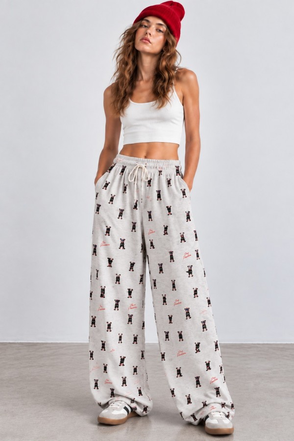 JJB8614P / Jade By Jane<br/>PLUS SIZE DOG PRINT DRAWSTRING WIDE LEG PANTS