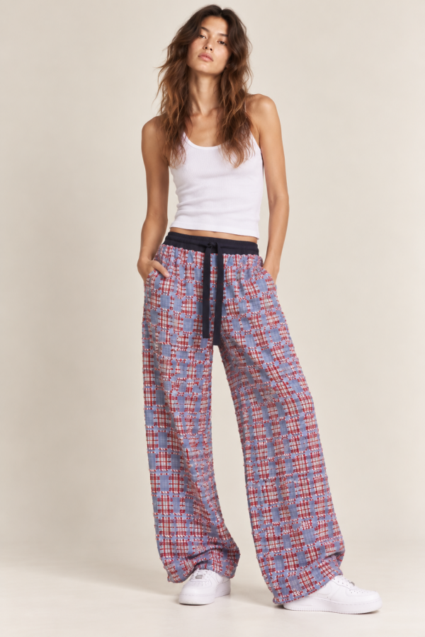 JJB8676 / Jade By Jane<br/>TEXTURED PATCHWORK PLAID WIDE LEG PANTS