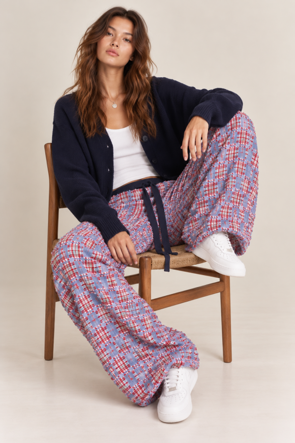 JJB8676P / Jade By Jane<br/>PLUS SIZE TEXTURED PATCHWORK PLAID WIDE LEG PANTS