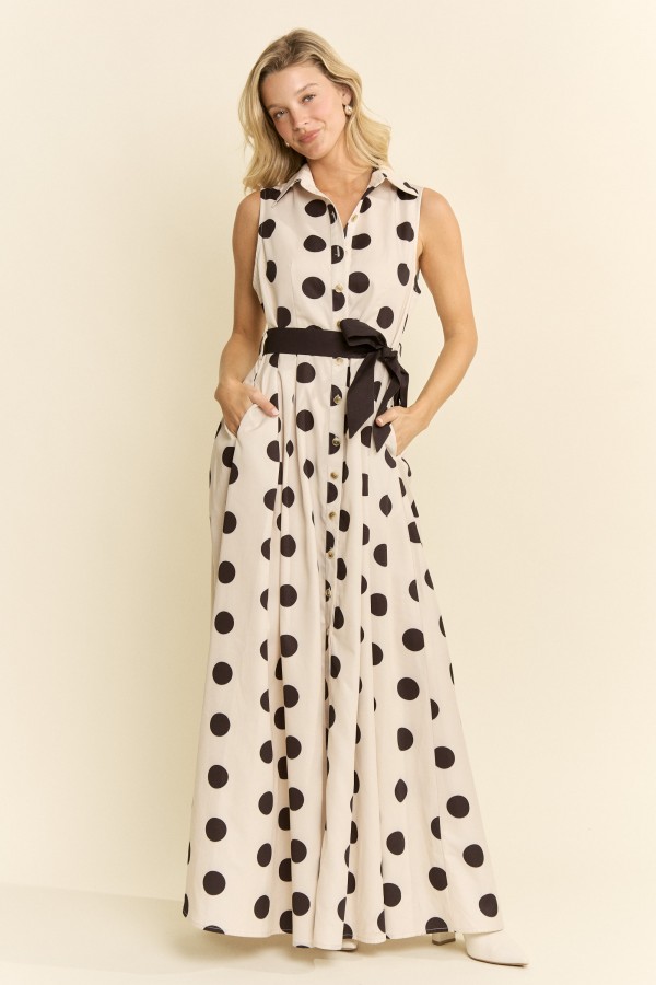 JJD8044-1P / Jade By Jane<br/>POLKA DOT BUTTON DOWN BELTED SHIRT DRESS